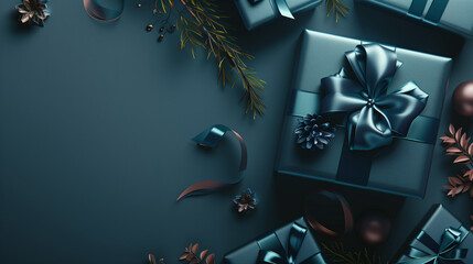 Elegant Gift Box with Ribbon on Dark Teal Background