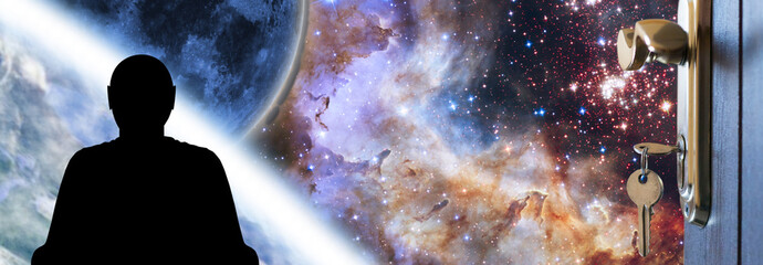 A Solitary Figure Stands Before A Doorway To The Cosmos