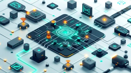 Fototapeta premium Internet of Things (IoT) and smart technology design focusing on interconnected devices, data management, and networked systems, perfect for illustrating modern tech advancements. high resolution