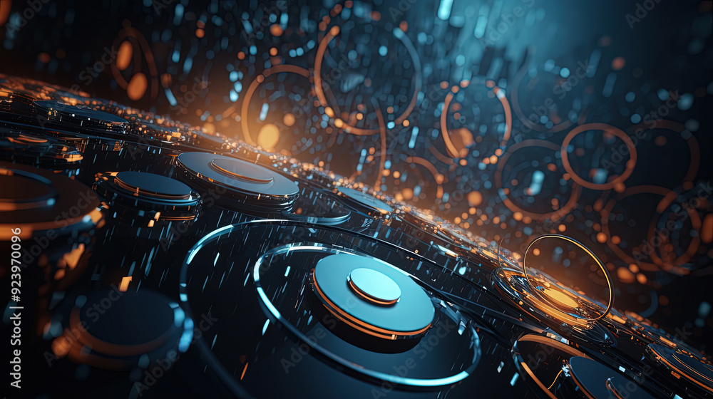 Poster Technology abstract background with hud styled round interface elements in neon tech light.