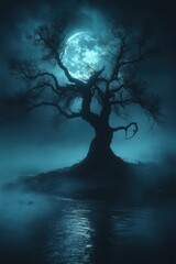 Fototapeta premium Eerie Silhouette of a Tree Against a Full Moon - A haunting silhouette of a barren tree illuminated by a full moon on a foggy night, creating a mysterious and eerie atmosphere.