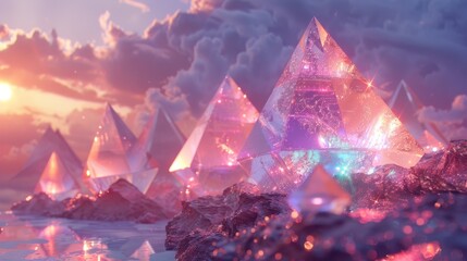 Floating Holographic Pyramids: Pyramids made of holographic materials, shifting colors in a serene landscape.