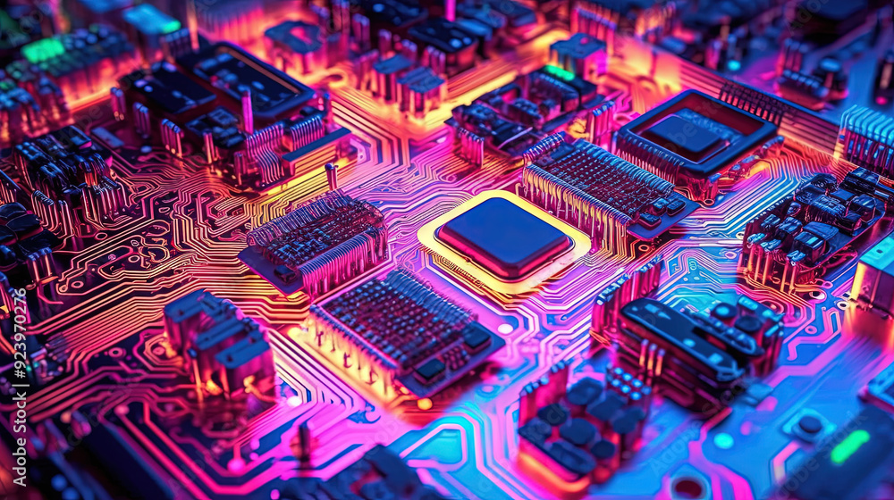 Poster motherboard with chips and connections in purple and blue neon lights. technology background with mi
