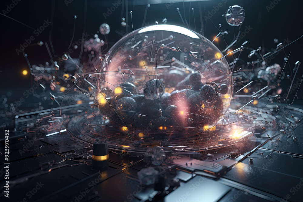 Aufkleber Abstract burst of wires and particles on technology background. Scientific abstraction with mess of wires.