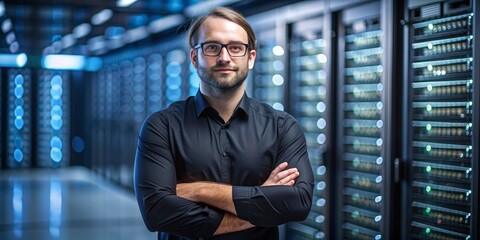 Confident IT Specialist Standing in Server Room, Portrait, Black Shirt, Server Racks, Data Center, IT, technology
