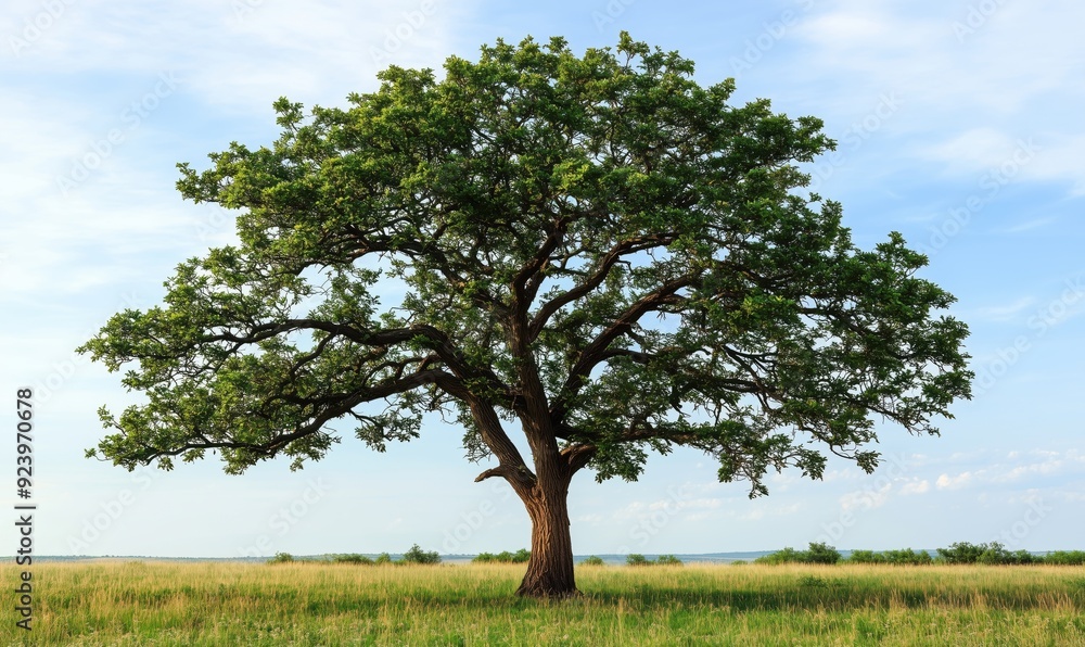 Poster a large tree stands in a field with a clear blue sky above it. the tree is the main focus of the ima