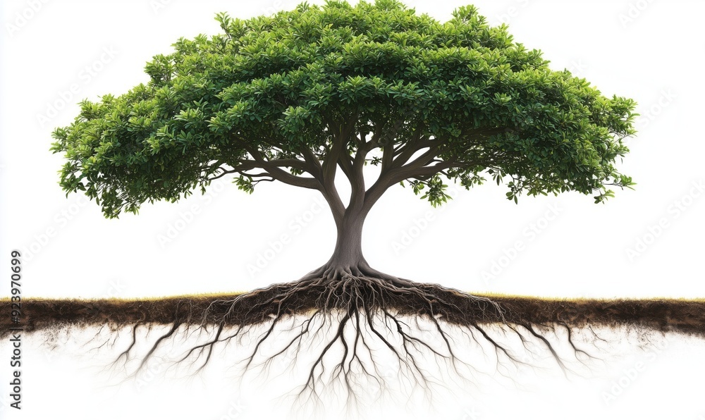Poster a large tree with its roots visible on the ground. the roots are spread out and the tree is the main
