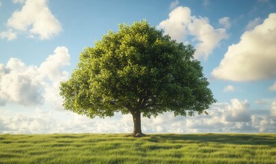 Obraz premium A large tree stands in a grassy field with a clear blue sky above. The tree is the focal point of the image, and it gives a sense of peace and tranquility