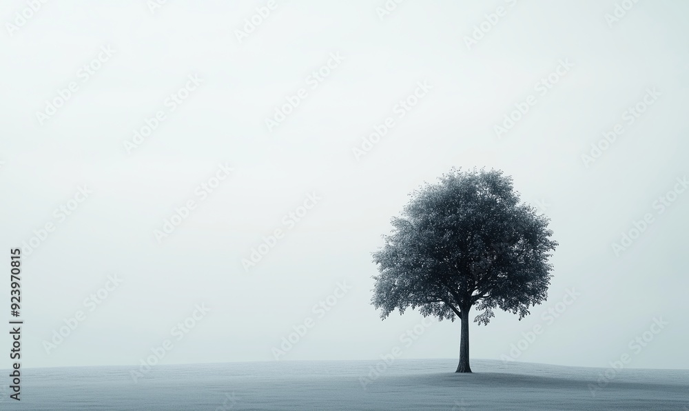 Poster a lone tree stands in a field of grass. the sky is overcast and the tree is bare
