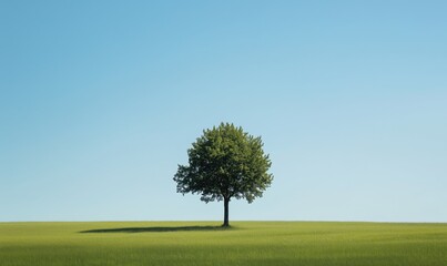 A lone tree stands in a field of grass. The sky is clear and blue, and the tree casts a shadow on the ground. The scene is peaceful and serene, with the tree providing a sense of calm and tranquility