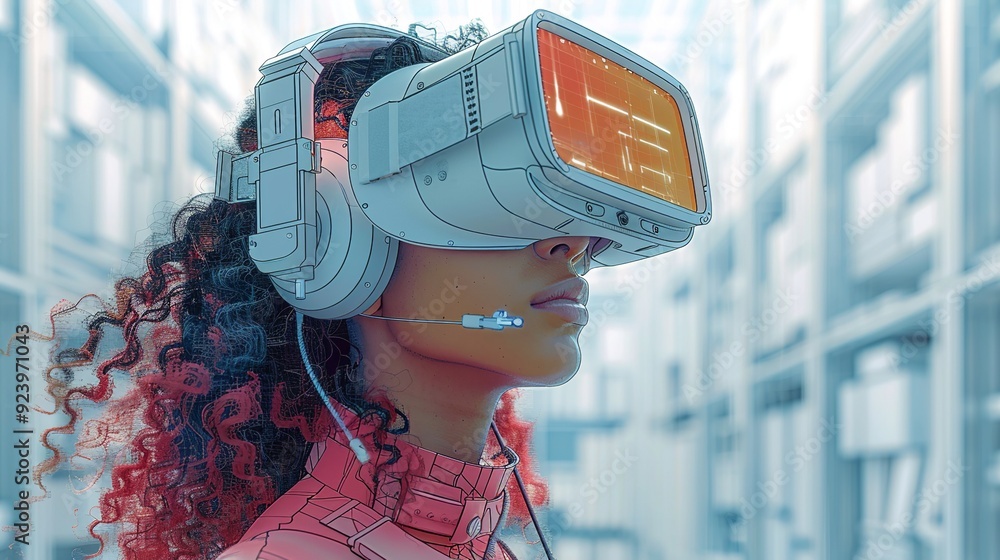 Poster Virtual Reality (VR) and Augmented Reality (AR) design featuring immersive experiences, interactive environments, and cutting-edge applications, ideal for tech visuals. high resolution Illustration,