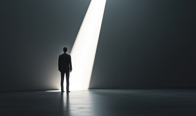 Fototapeta premium A man stands in a dark room with a light shining on him. The light is coming from a window, and the man is looking towards it. The scene is quiet and contemplative
