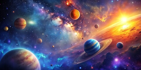 Cosmic Symphony A Digital Painting of a Vibrant Planetary System, space , planets , galaxy , digital art