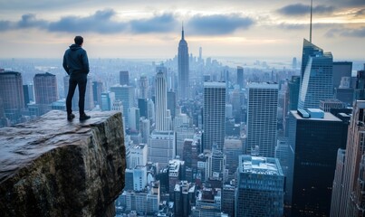 A man stands on a ledge overlooking a city. The sky is cloudy and the city is lit up at night