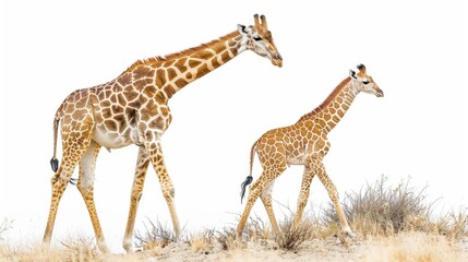 Obraz premium Loving Bond: Mother and Baby Giraffe Walking Together in Harmony on White Background