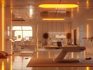 Futuristic Digital Workspace with Intelligent Robotic Workstations and Bio Luminescent Data Visualization