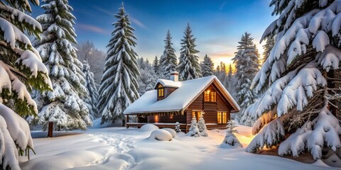 Cozy Cabin in a Snowy Forest, Landscape Photography, Winter Wonderland, Cabin, Snow, Forest, Winter