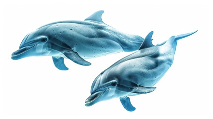 Obraz premium Playful Dolphin Companions: Two Dolphins Swimming Together in Isolation on White Background