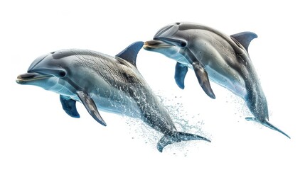 Fototapeta premium Playful Companions: Pair of Dolphins Swimming in Synchrony on White Background