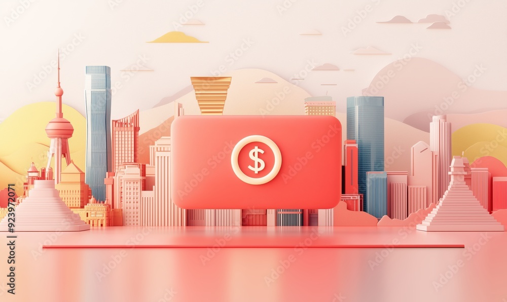 Poster a red button with a dollar sign on it is displayed on a pink background. the image is of a city with