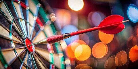 Dartboard Close-Up with Red Dart and Bokeh Background, dartboard , red dart , bokeh , game