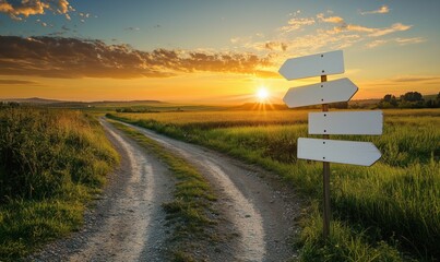 A road with a white sign pointing to the right. The road is empty and the sun is setting