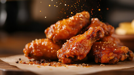 Crispy buffalo chicken wings on parchment paper | Close-up of wings with sauce splashes and seasoning | Warm, blurred background adds depth | Ideal for BBQ ads and spicy food visuals