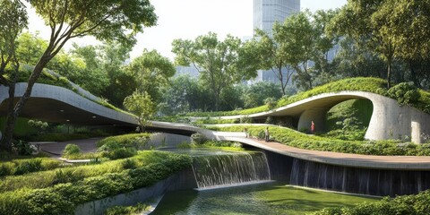 Fototapeta premium An urban park with sustainable architecture, showcasing an eco-friendly economy