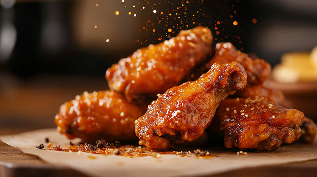Crispy buffalo chicken wings on parchment paper | Close-up of wings with sauce splashes and seasoning | Warm, blurred background adds depth | Ideal for BBQ ads and spicy food visuals