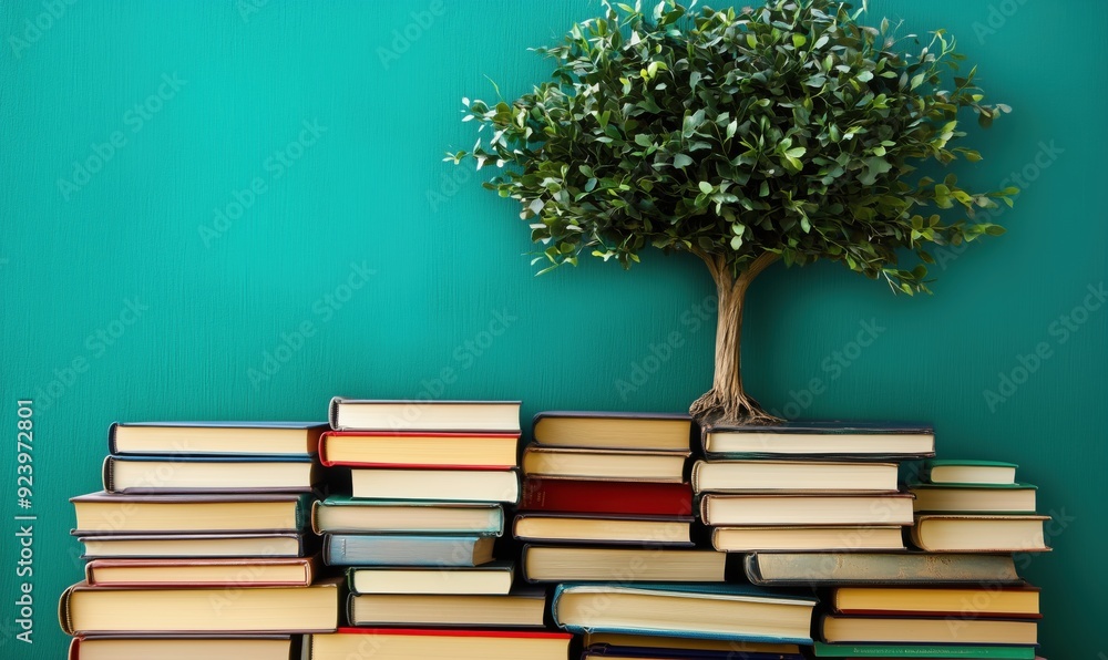 Aufkleber a tree is growing on top of a stack of books. the books are of different sizes and colors, and the t