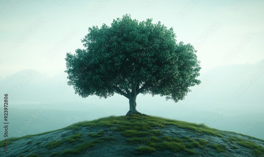 Poster a tree is standing on a hill with a cloudy sky in the background. the tree is the main focus of the 