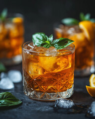 Whiskey cocktail in crystal glass with basil garnish | Close-up of amber drink with ice | Dark background adds richness and contrast | Perfect for upscale bar ads and drink photography