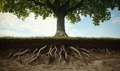 A tree with its roots exposed in the dirt