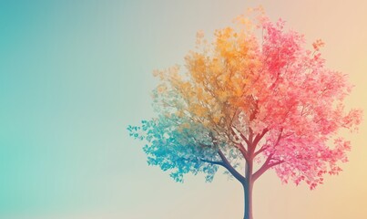 Obraz premium A tree with pink, yellow, and blue leaves is the main focus of the image. The tree is surrounded by a blue and white background, which creates a sense of calmness and tranquility