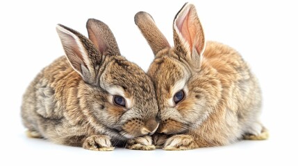 Fototapeta premium Tender Love: Affectionate Rabbits Snuggling Together on White Background