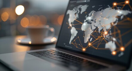 Global Data Analysis on Laptop With Coffee Cup in Modern Workspace