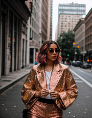 Obraz premium Fashionable Woman Strolling Through Urban Street in Shimmering Outfit During Overcast Day