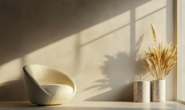 A white chair is sitting in front of a wall with a window. The chair is facing the window, and the sunlight is shining on it. The room has a minimalist and modern feel
