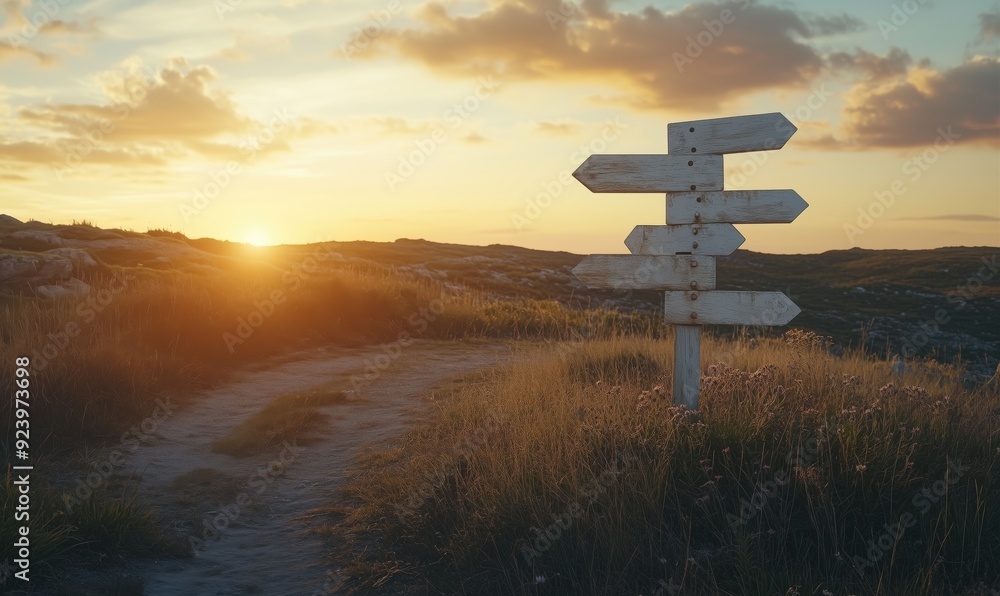Poster a white sign with three arrows pointing in different directions is standing in a field. the sun is s