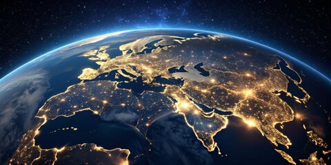 Fototapeta premium Earth's Nighttime Glow Over Europe and Asia, Digital Composite, Satellite View, City Lights, night , Europe , Asia