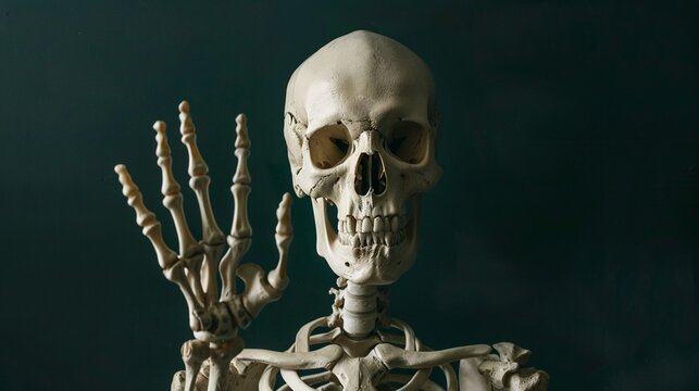 Funny human skeleton saying hello isolated on black background, Happy Halloween poster card invitation event backgrounds banner.