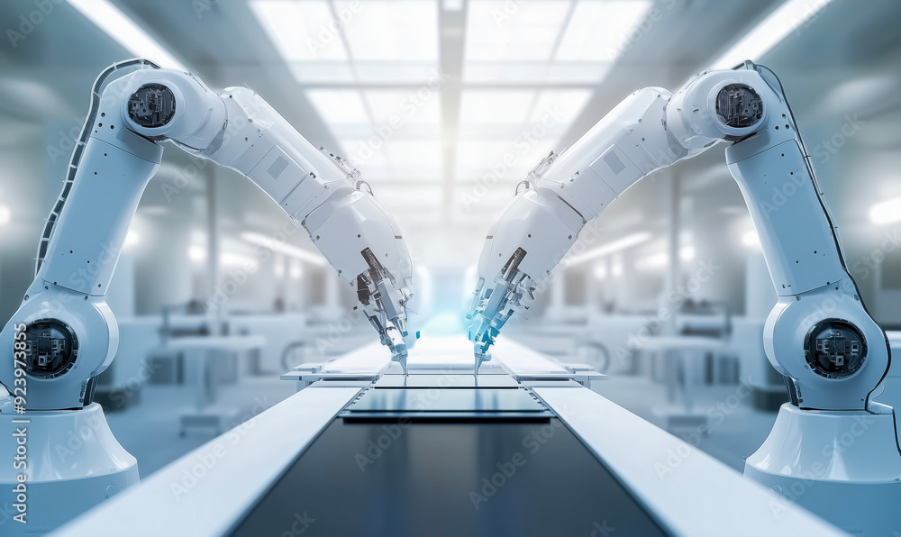 Poster two robots are working together in a factory. the robots are white and have a metallic appearance. t