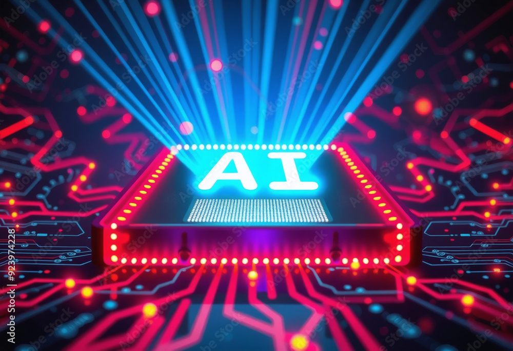 Aufkleber ai word on microchip and colorful light spread with strong beam , ai concept