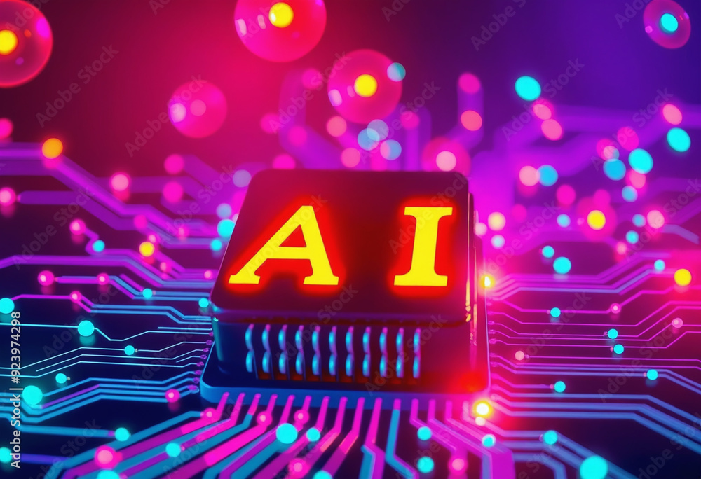 Poster ai word on microchip and colorful light spread with strong beam , ai concept