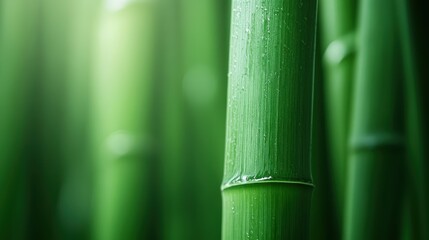 Close-up of a single, fresh green bamboo stalk with tiny droplets of water on its surface, showcasing its natural texture and serenity in detail.