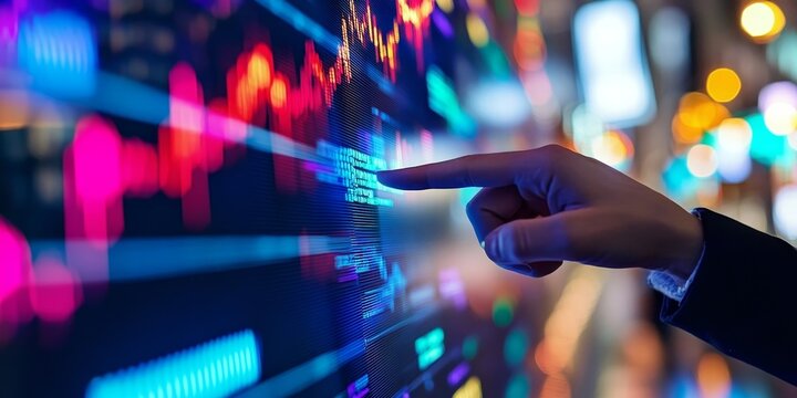 A hand interacting with a virtual stock market display, representing digital trading
