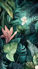 Rideaux Imprimé botanique patrons Lush Tropical Foliage with Pink and White Flowers  © Handz