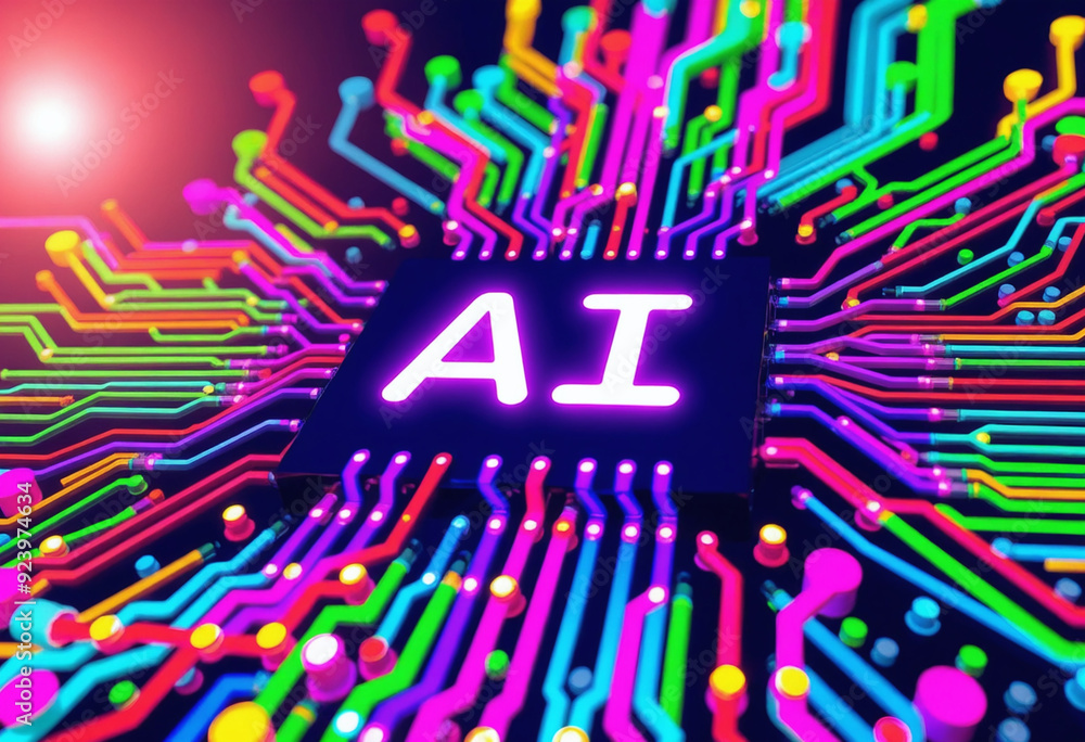 Poster ai word on microchip and colorful light spread with strong beam , ai concept