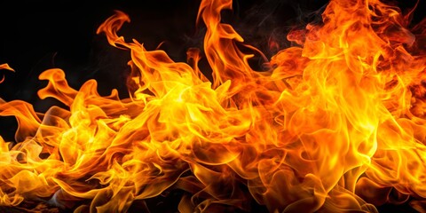Fototapeta premium Fiery Dance of Flames Against a Black Background, Abstract, Fire, Texture, Heat