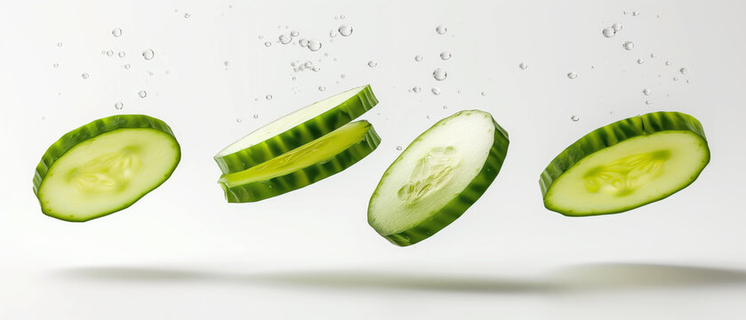 Levitating cucumber slices isolated on a white background with water drops